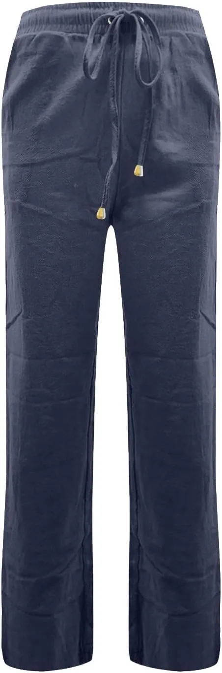 Straight Leg Linen Pants Women Summer Casual Lightweight Elastic High Waisted Wide Leg Pants Lounge Trouser Pants