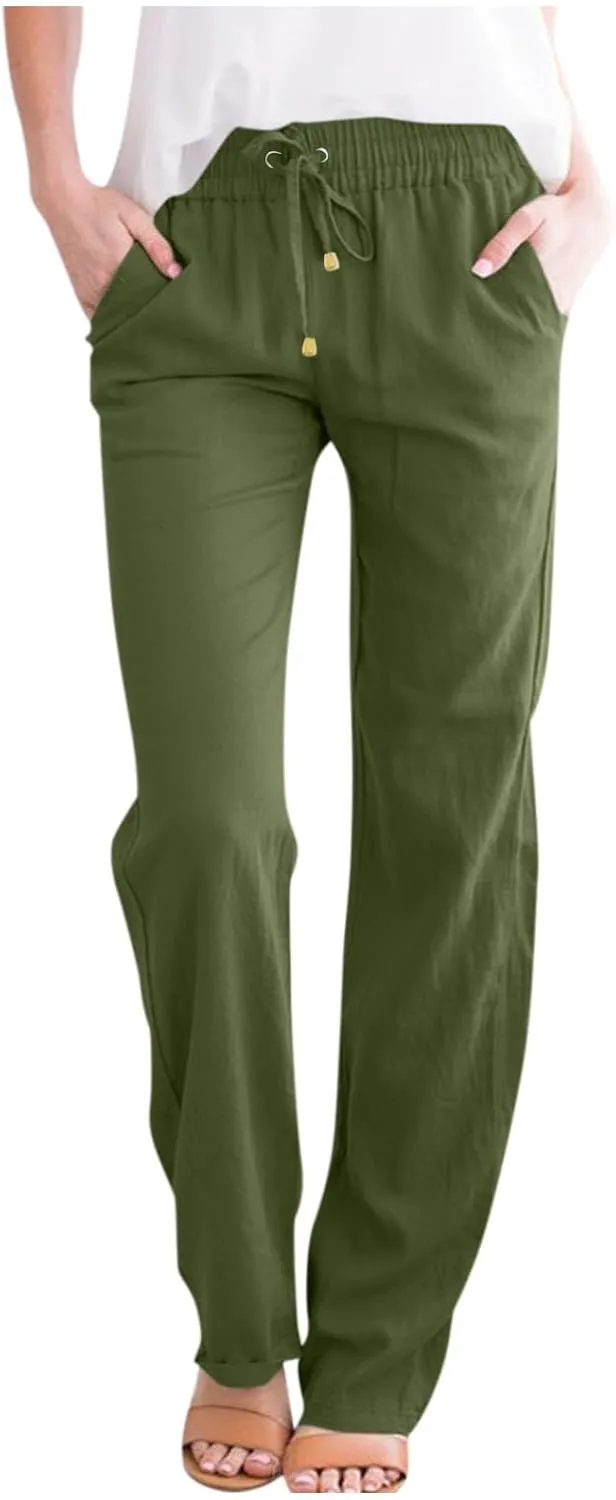 Straight Leg Linen Pants Women Summer Casual Lightweight Elastic High Waisted Wide Leg Pants Lounge Trouser Pants