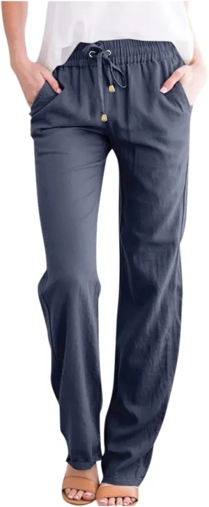 Straight Leg Linen Pants Women Summer Casual Lightweight Elastic High Waisted Wide Leg Pants Lounge Trouser Pants