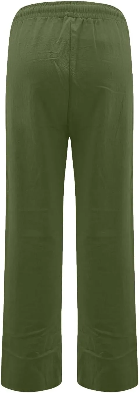 Straight Leg Linen Pants Women Summer Casual Lightweight Elastic High Waisted Wide Leg Pants Lounge Trouser Pants