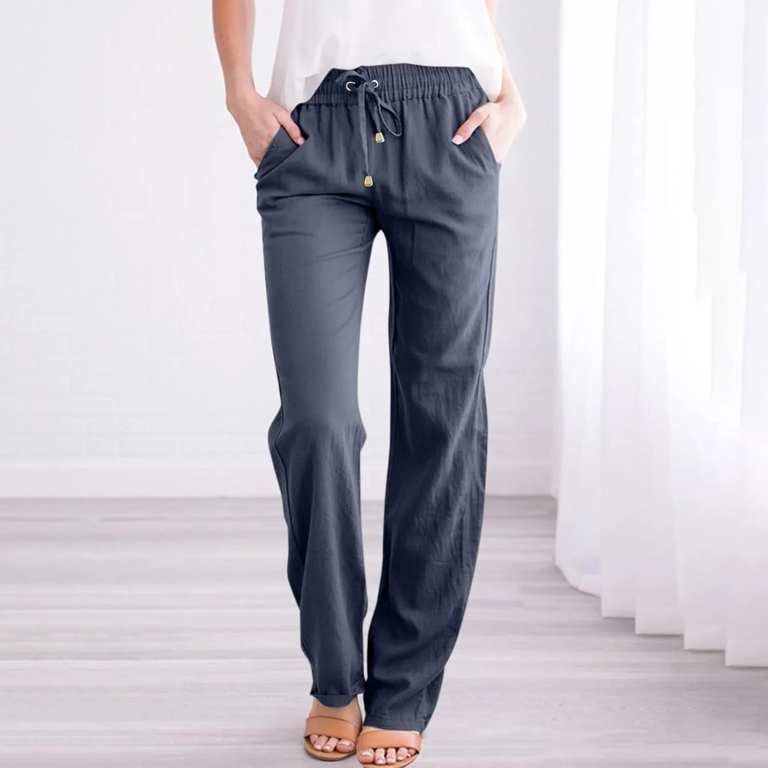 Straight Leg Linen Pants Women Summer Casual Lightweight Elastic High Waisted Wide Leg Pants Lounge Trouser Pants
