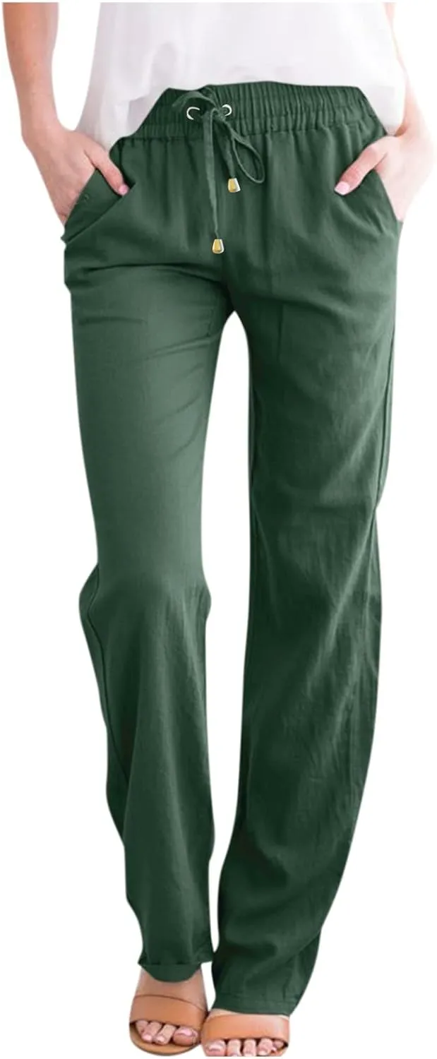 Straight Leg Linen Pants Women Summer Casual Lightweight Elastic High Waisted Wide Leg Pants Lounge Trouser Pants