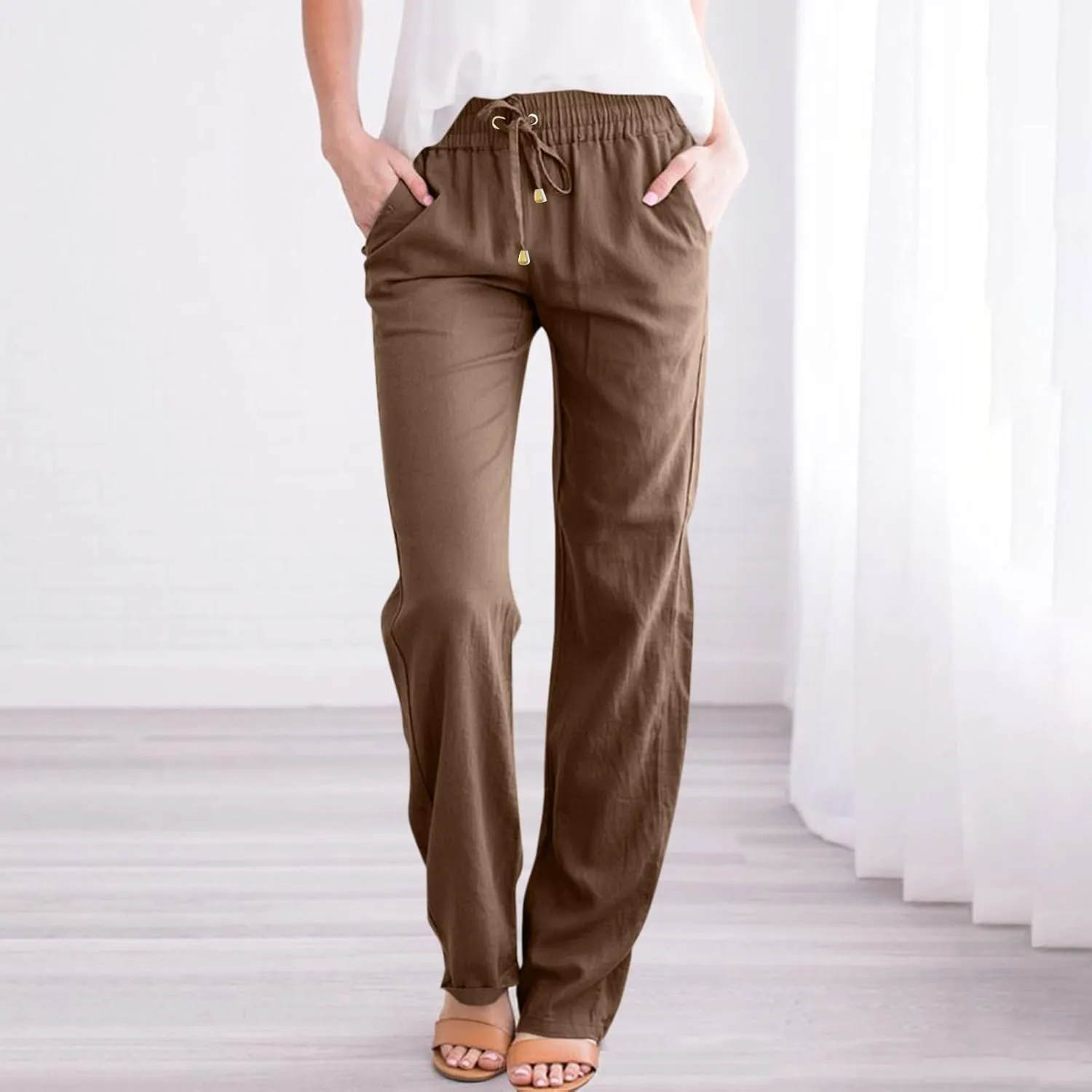 Straight Leg Linen Pants Women Summer Casual Lightweight Elastic High Waisted Wide Leg Pants Lounge Trouser Pants