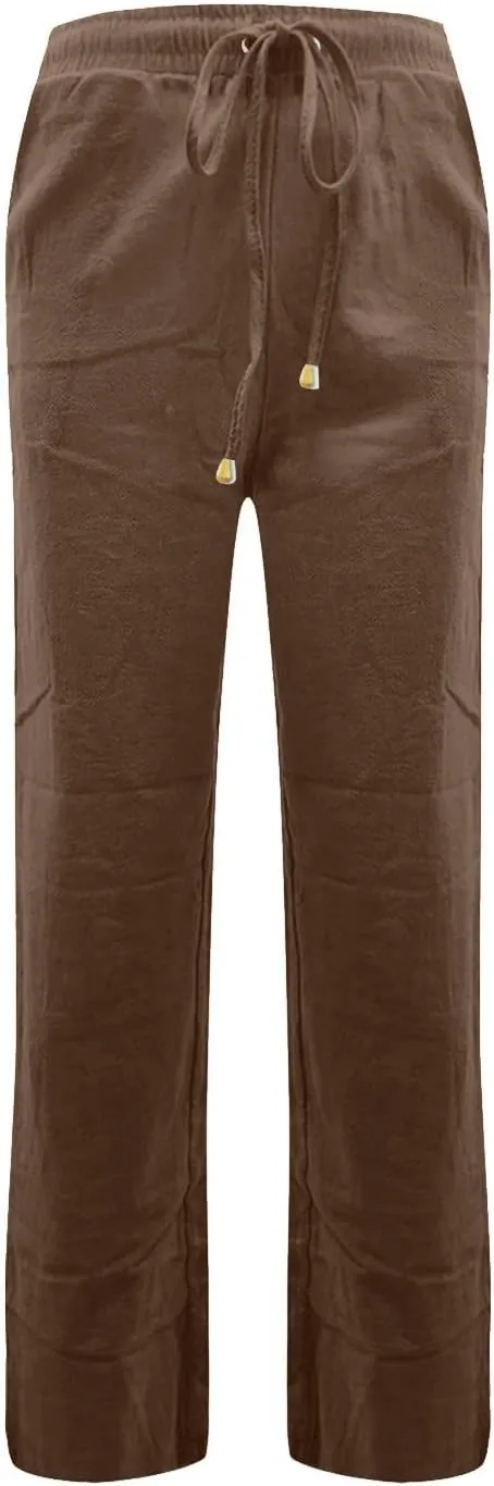 Straight Leg Linen Pants Women Summer Casual Lightweight Elastic High Waisted Wide Leg Pants Lounge Trouser Pants
