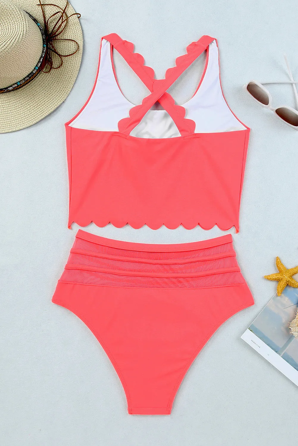 Striped Ruffle Trim Criss Cross High Waist Bikini