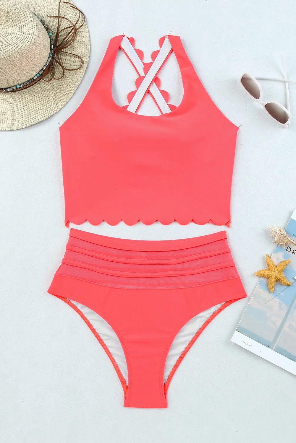 Striped Ruffle Trim Criss Cross High Waist Bikini