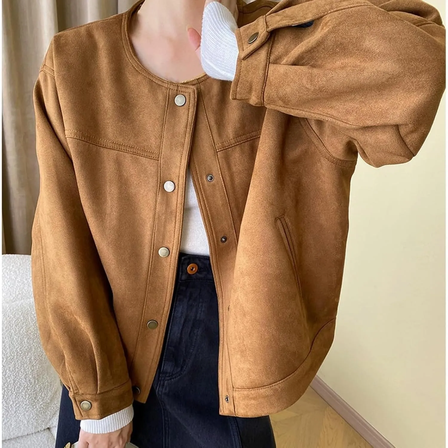 Suede Cropped Jacket Y2k Outerwear Faux Leather Bomber Jacket Women Winter Fall Trendy Crop Streetwear Outfit