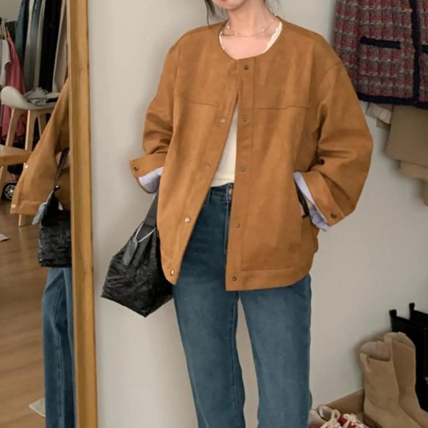 Suede Cropped Jacket Y2k Outerwear Faux Leather Bomber Jacket Women Winter Fall Trendy Crop Streetwear Outfit
