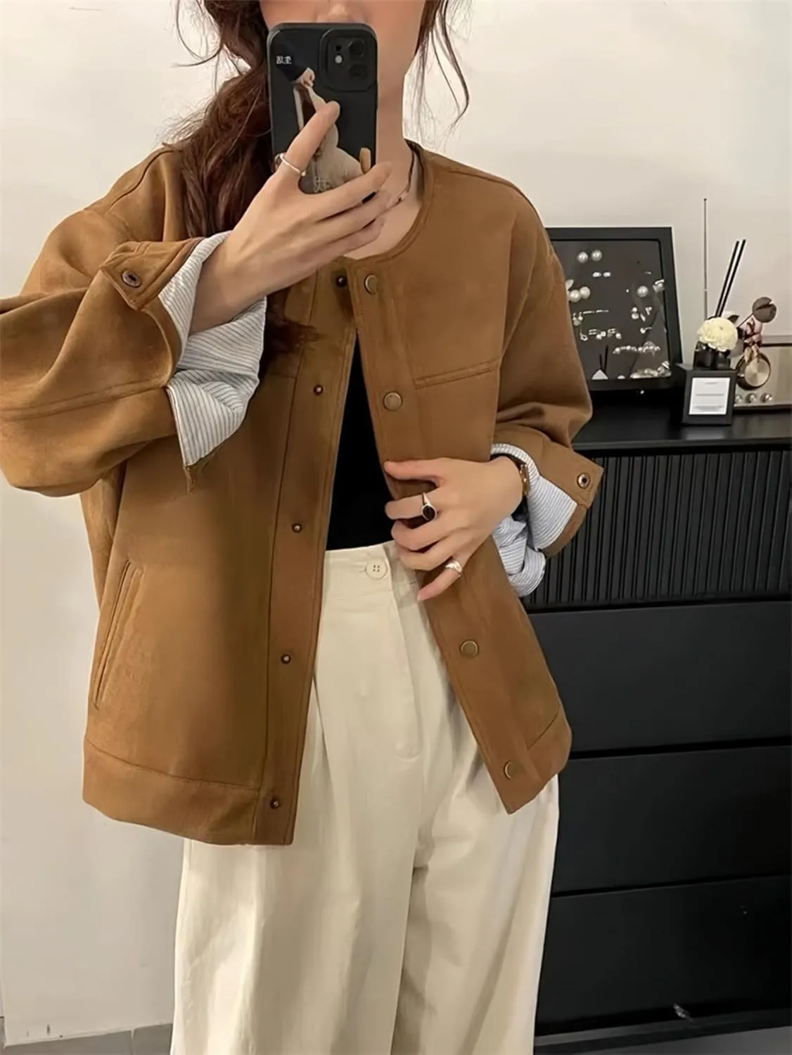 Suede Cropped Jacket Y2k Outerwear Faux Leather Bomber Jacket Women Winter Fall Trendy Crop Streetwear Outfit