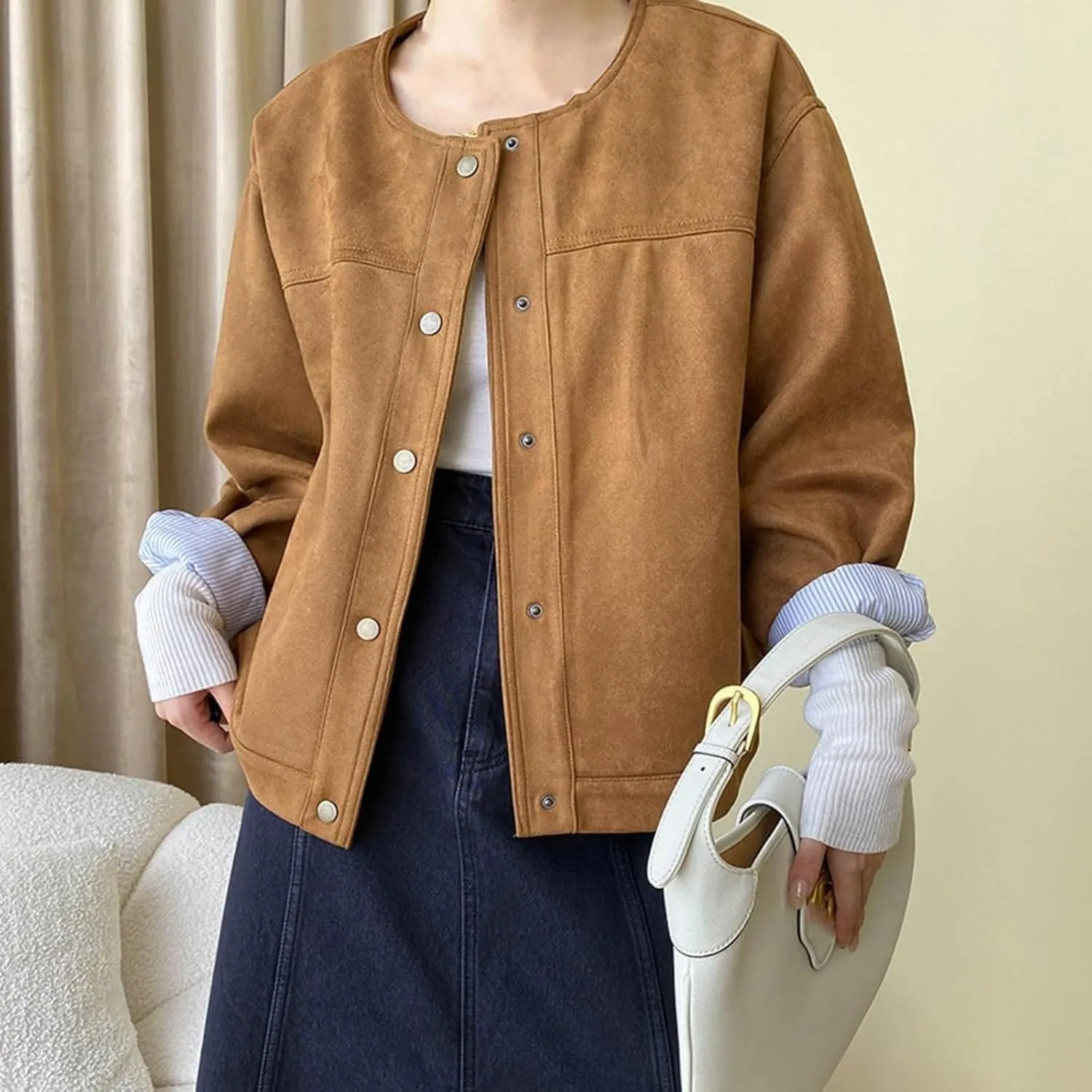 Suede Cropped Jacket Y2k Outerwear Faux Leather Bomber Jacket Women Winter Fall Trendy Crop Streetwear Outfit