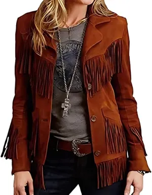Suede Leather Jacket For Women Western CowLady Native American Brown Fringe Coat -Cowgirl Outerwear
