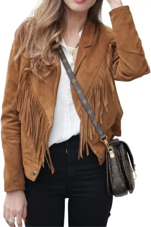 Suede Leather Jacket for Women Western CowLady Native American Brown Fringe Coat -Cowgirl Outerwear