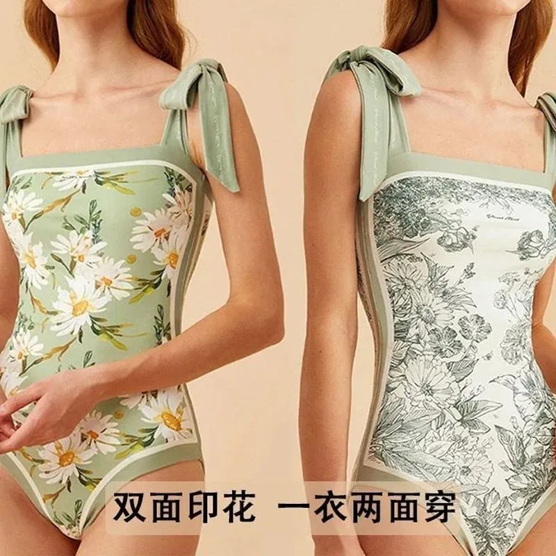 Summer 2023 Sexy Women's Printed Bikinis Set Fashion Slim Bow Spliced Vintage High Waist Swimwear for Female One-Piece Swimsuit