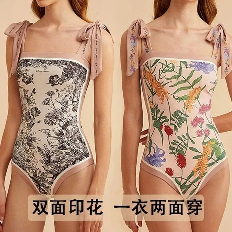Summer 2023 Sexy Women's Printed Bikinis Set Fashion Slim Bow Spliced Vintage High Waist Swimwear for Female One-Piece Swimsuit