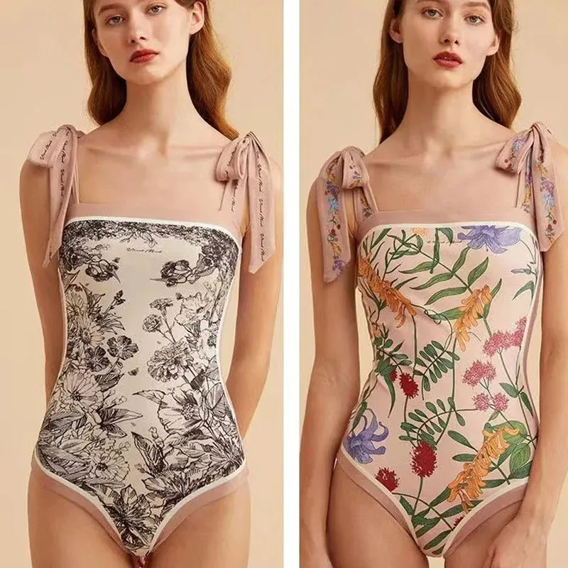 Summer 2023 Sexy Women's Printed Bikinis Set Fashion Slim Bow Spliced Vintage High Waist Swimwear for Female One-Piece Swimsuit