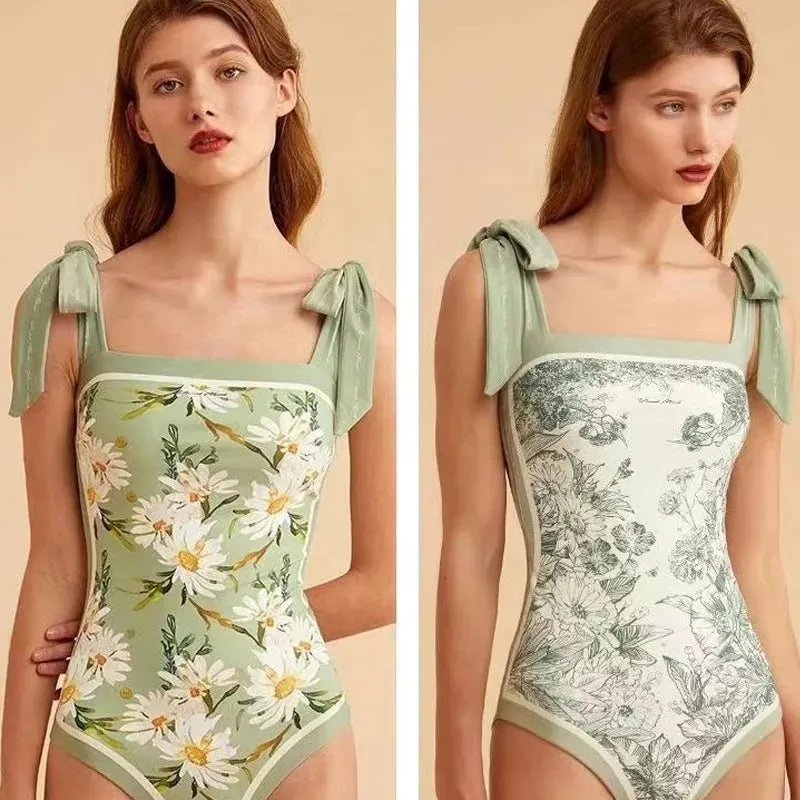 Summer 2023 Sexy Women's Printed Bikinis Set Fashion Slim Bow Spliced Vintage High Waist Swimwear for Female One-Piece Swimsuit