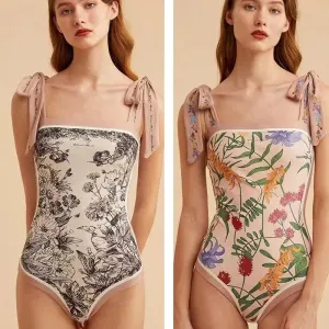 Summer 2023 Sexy Women's Printed Bikinis Set Fashion Slim Bow Spliced Vintage High Waist Swimwear for Female One-Piece Swimsuit