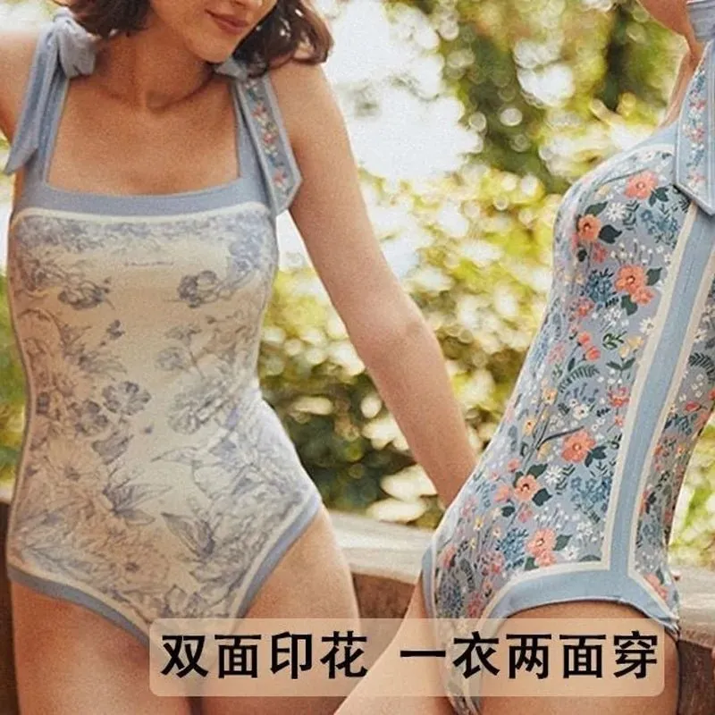 Summer 2023 Sexy Women's Printed Bikinis Set Fashion Slim Bow Spliced Vintage High Waist Swimwear for Female One-Piece Swimsuit
