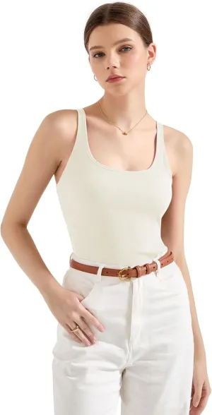 SUUKSESS Women Padded Cotton Ribbed Long Tank Tops Summer Going Out Basic Scoop Neck Cami Tops Sleeveless Casual Shirts (White, M)