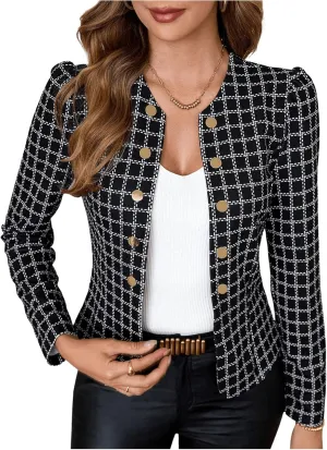 SweatyRocks Women's Plaid Jackets Puff Long Sleeve Button Office Suit Jacket Outerwear