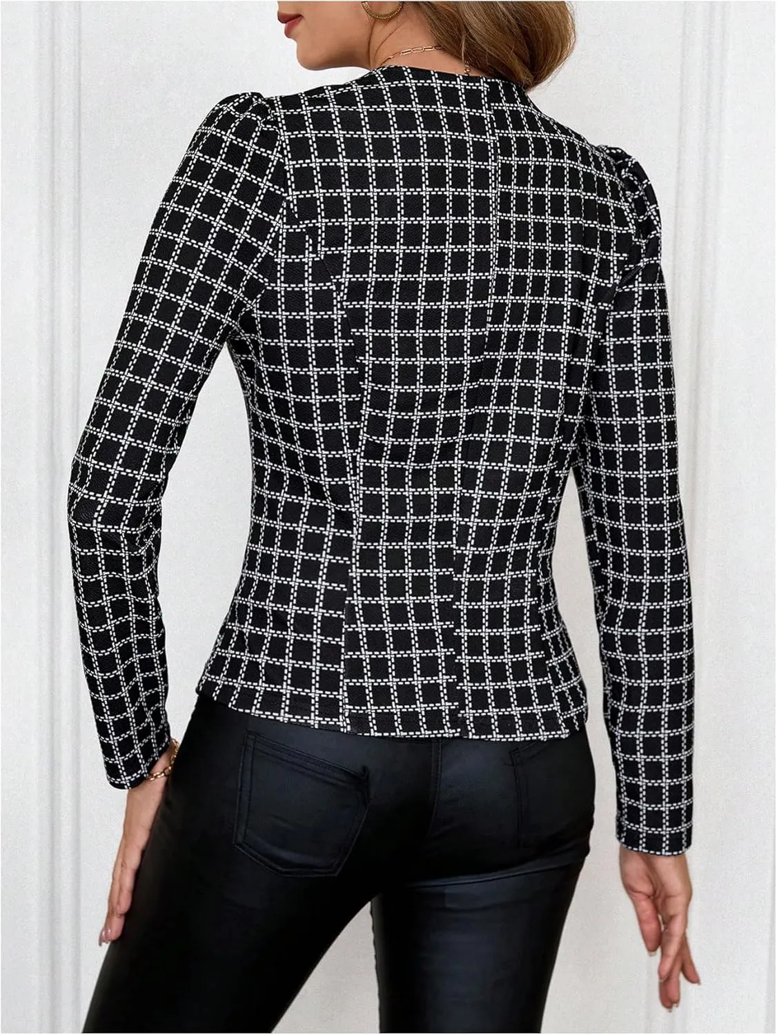 SweatyRocks Women's Plaid Jackets Puff Long Sleeve Button Office Suit Jacket Outerwear