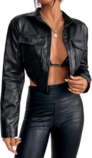 SweatyRocks Women's PU Leather Cropped Coat Casual Button Front Jacket with Bust Pocket
