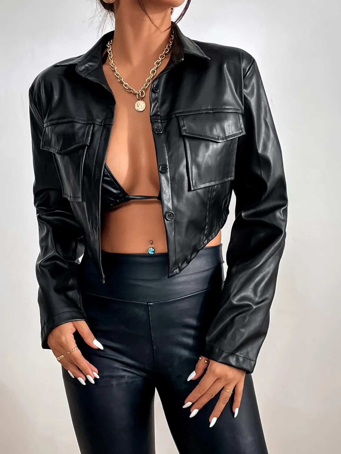 SweatyRocks Women's PU Leather Cropped Coat Casual Button Front Jacket with Bust Pocket