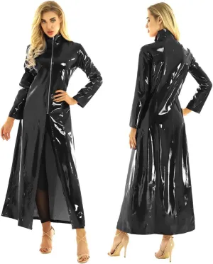 Sywiyi Women's Wetklook Leather Jacket Dress Coat Long Sleeve Turtleneck Zipper Trench Coats Outerwear