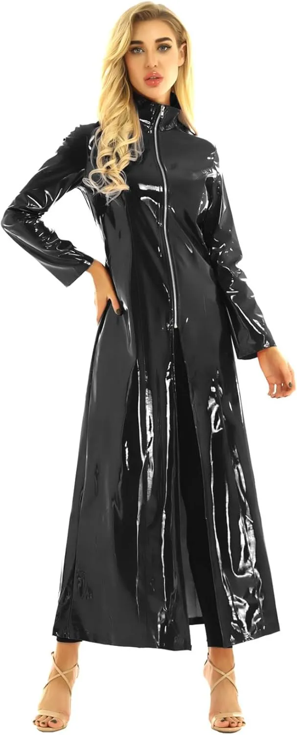 Sywiyi Women's Wetklook Leather Jacket Dress Coat Long Sleeve Turtleneck Zipper Trench Coats Outerwear