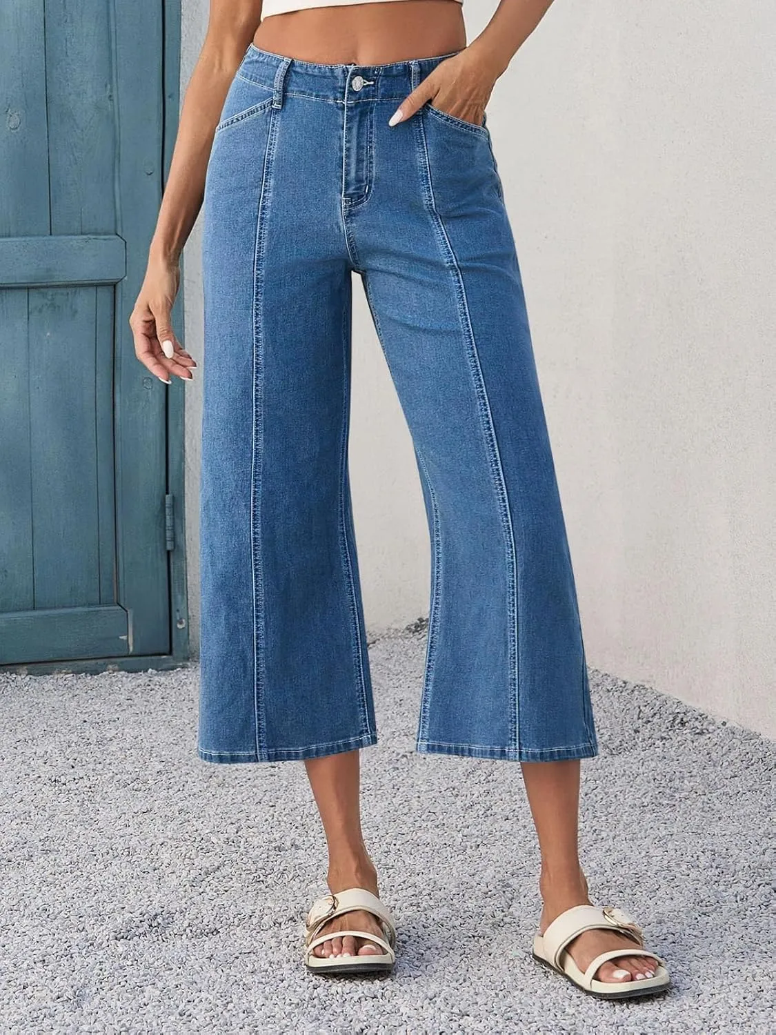 Tankaneo Womens Cropped Wide Leg Capri Jeans Baggy High Waisted Stretchy Flare Jeans Front Seam Denim Pants with Pockets