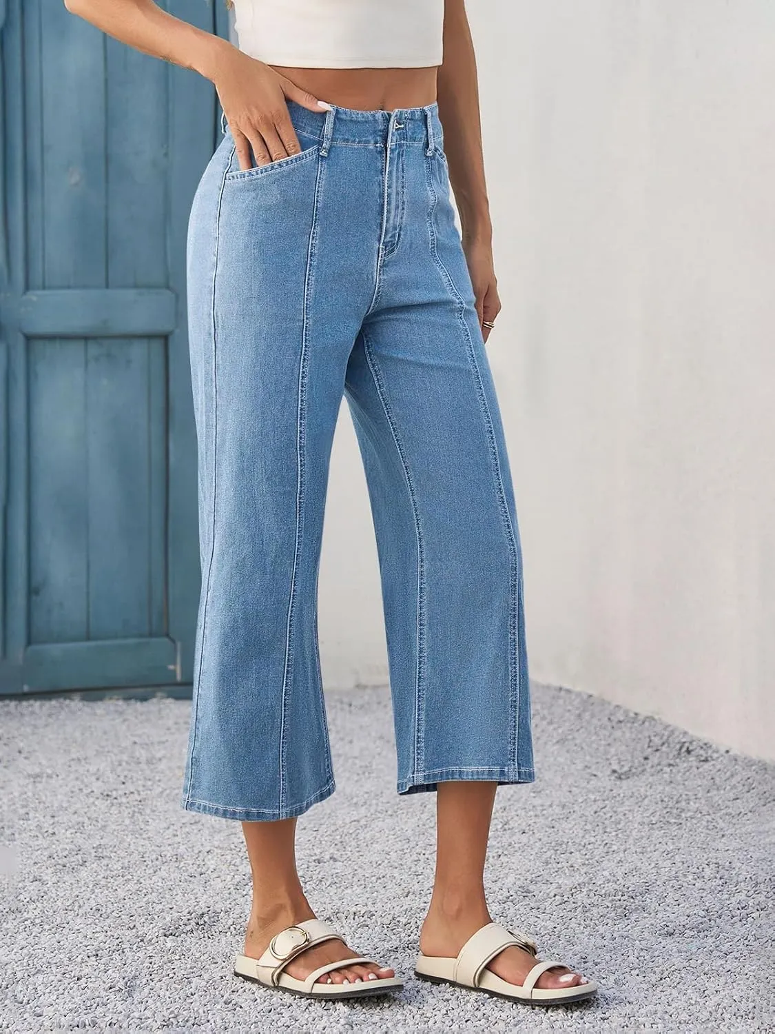 Tankaneo Womens Cropped Wide Leg Capri Jeans Baggy High Waisted Stretchy Flare Jeans Front Seam Denim Pants with Pockets