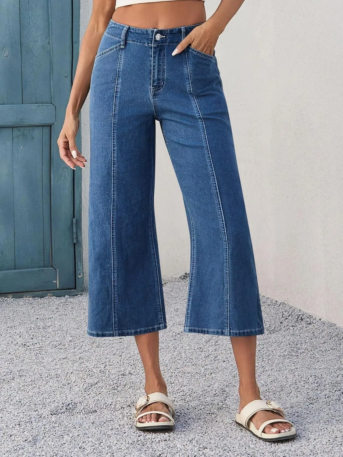 Tankaneo Womens Cropped Wide Leg Capri Jeans Baggy High Waisted Stretchy Flare Jeans Front Seam Denim Pants with Pockets