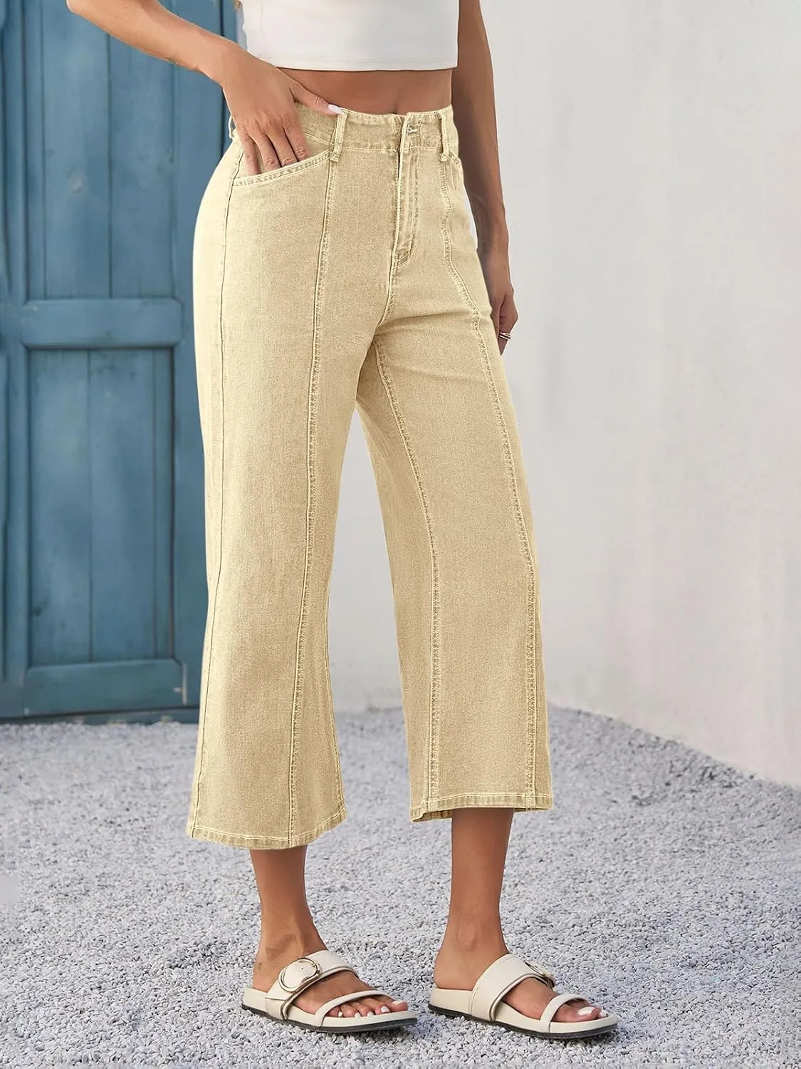 Tankaneo Womens Cropped Wide Leg Capri Jeans Baggy High Waisted Stretchy Flare Jeans Front Seam Denim Pants with Pockets