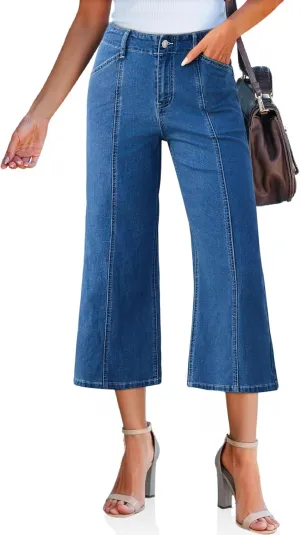 Tankaneo Womens Cropped Wide Leg Capri Jeans Baggy High Waisted Stretchy Flare Jeans Front Seam Denim Pants with Pockets