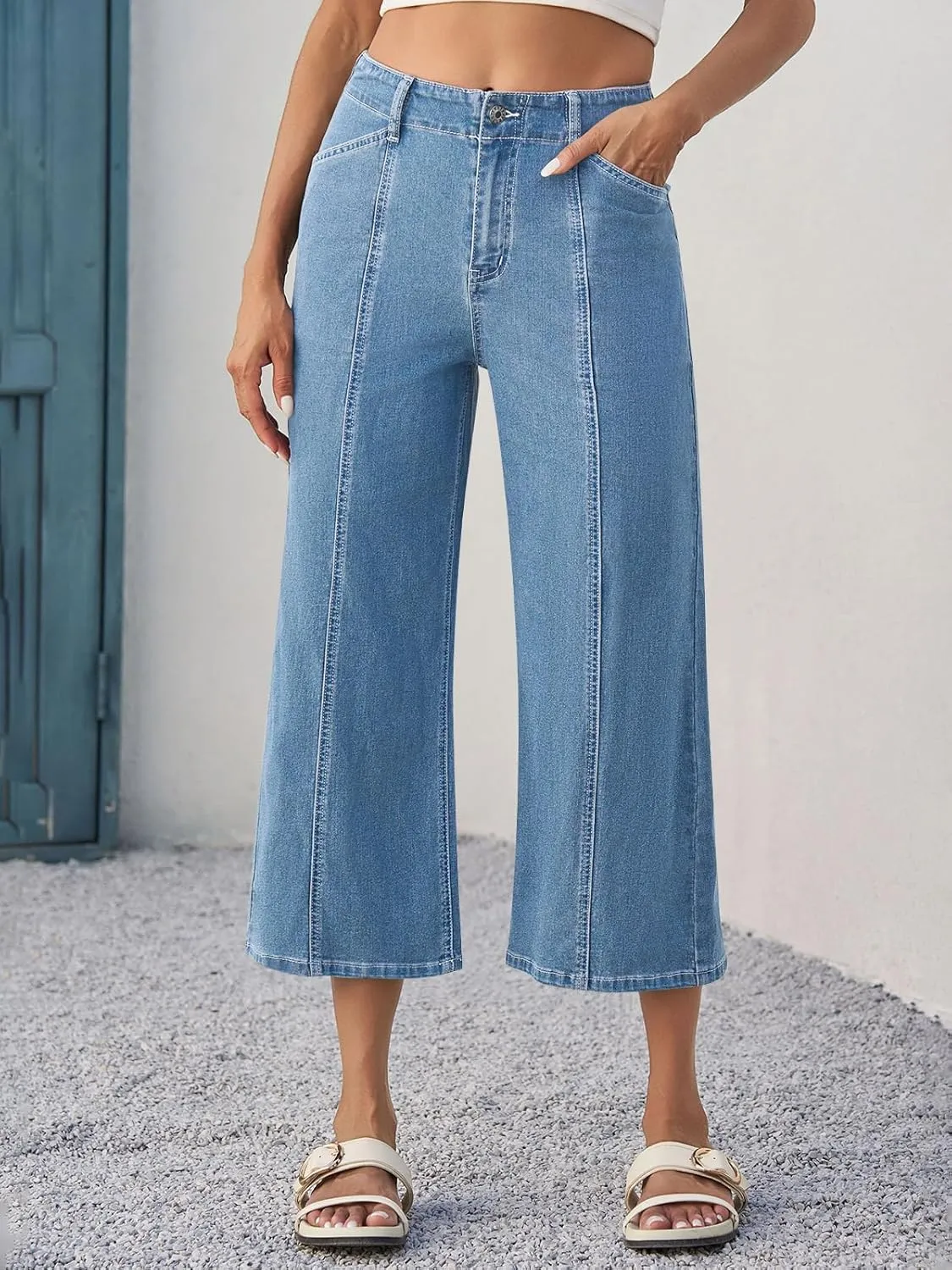 Tankaneo Womens Cropped Wide Leg Capri Jeans Baggy High Waisted Stretchy Flare Jeans Front Seam Denim Pants with Pockets
