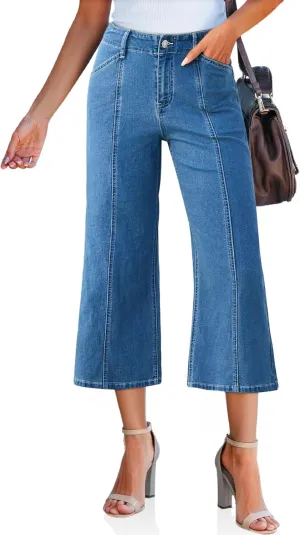 Tankaneo Womens Cropped Wide Leg Capri Jeans Baggy High Waisted Stretchy Flare Jeans Front Seam Denim Pants with Pockets