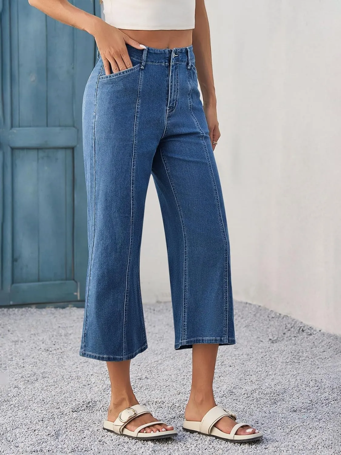 Tankaneo Womens Cropped Wide Leg Capri Jeans Baggy High Waisted Stretchy Flare Jeans Front Seam Denim Pants with Pockets