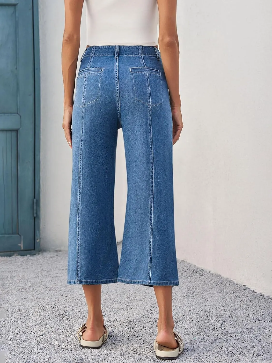 Tankaneo Womens Cropped Wide Leg Capri Jeans Baggy High Waisted Stretchy Flare Jeans Front Seam Denim Pants with Pockets
