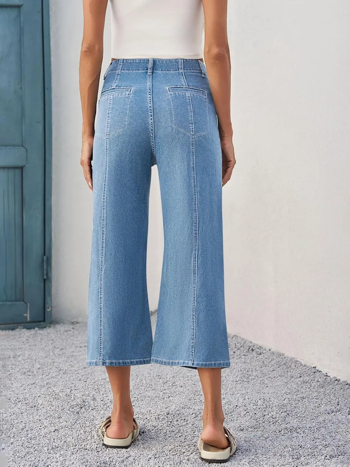 Tankaneo Womens Cropped Wide Leg Capri Jeans Baggy High Waisted Stretchy Flare Jeans Front Seam Denim Pants with Pockets