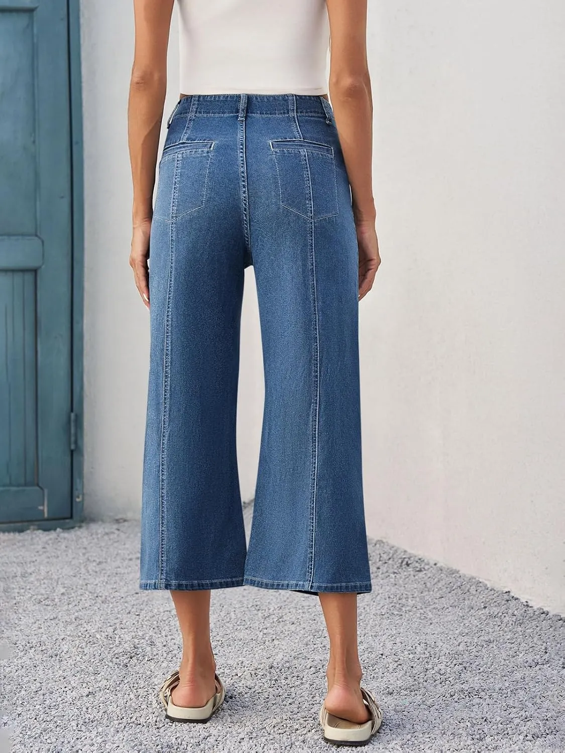Tankaneo Womens Cropped Wide Leg Capri Jeans Baggy High Waisted Stretchy Flare Jeans Front Seam Denim Pants with Pockets