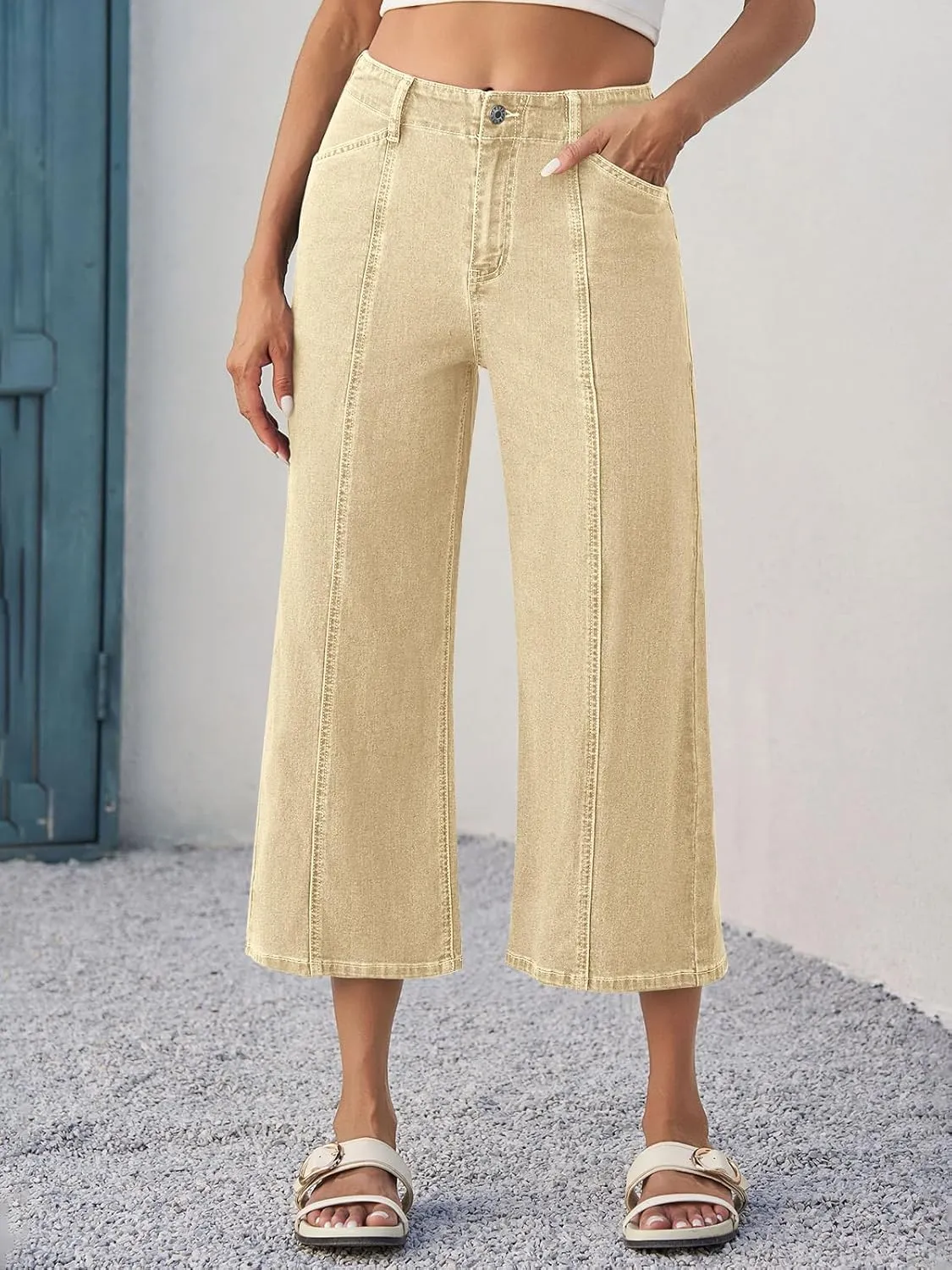 Tankaneo Womens Cropped Wide Leg Capri Jeans Baggy High Waisted Stretchy Flare Jeans Front Seam Denim Pants with Pockets