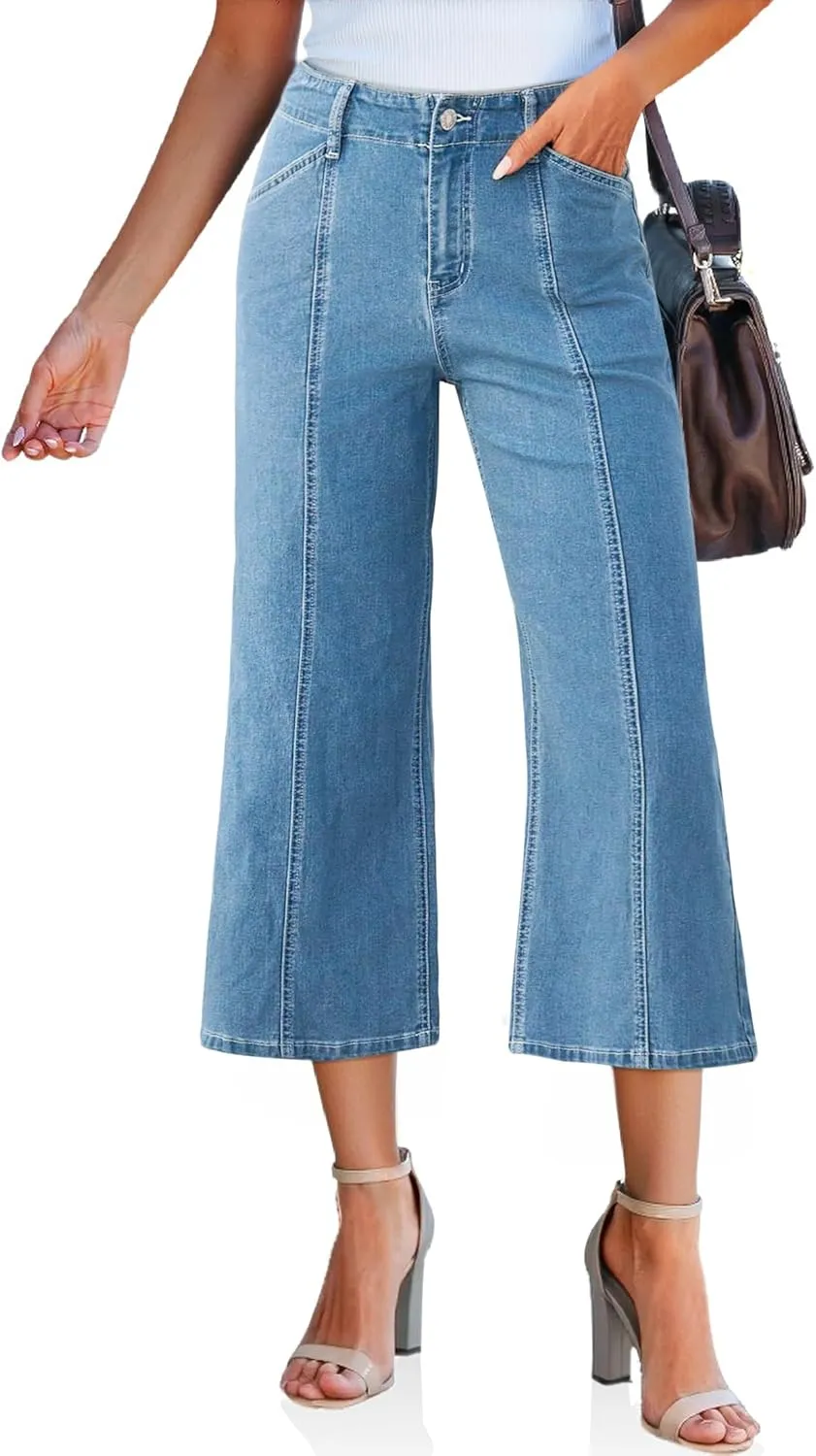 Tankaneo Womens Cropped Wide Leg Capri Jeans Baggy High Waisted Stretchy Flare Jeans Front Seam Denim Pants with Pockets