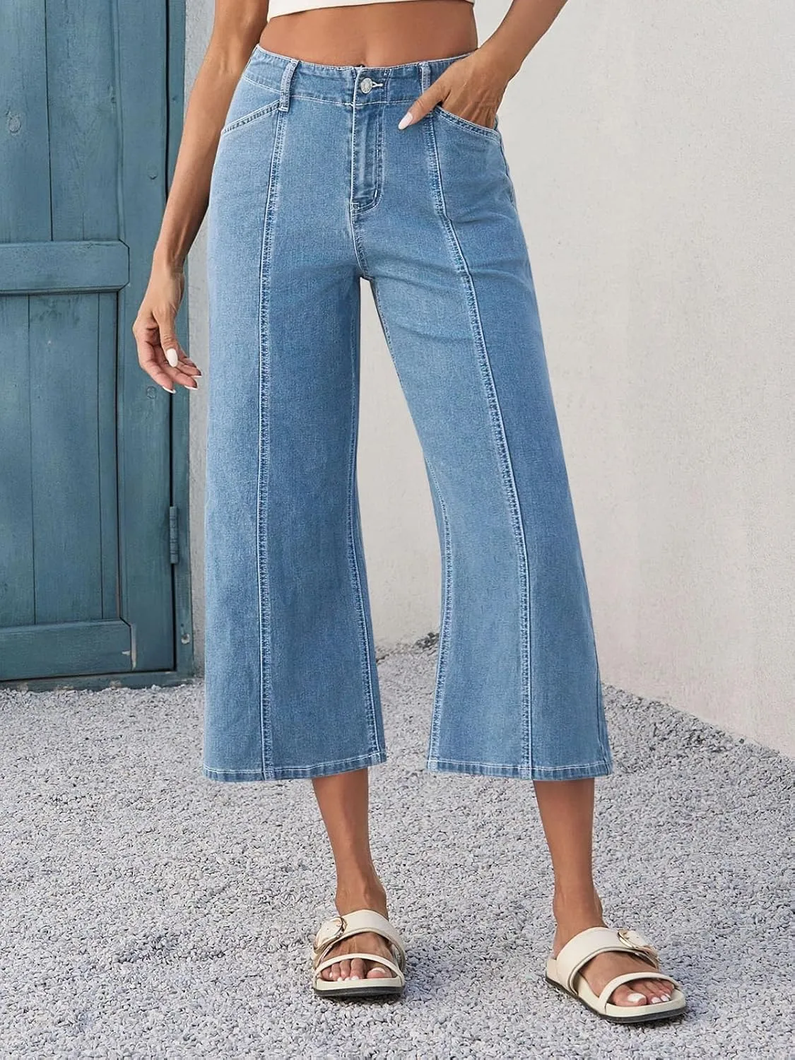 Tankaneo Womens Cropped Wide Leg Capri Jeans Baggy High Waisted Stretchy Flare Jeans Front Seam Denim Pants with Pockets
