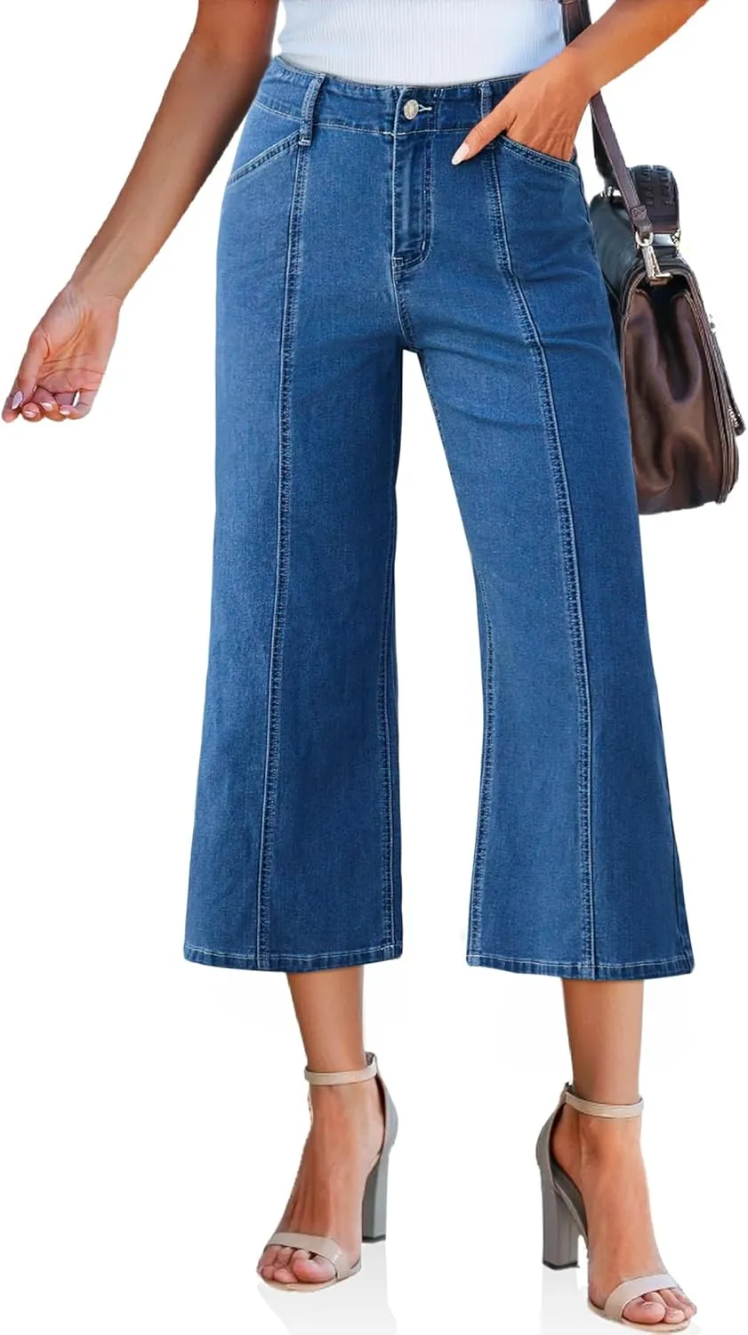 Tankaneo Womens Cropped Wide Leg Capri Jeans Baggy High Waisted Stretchy Flare Jeans Front Seam Denim Pants with Pockets
