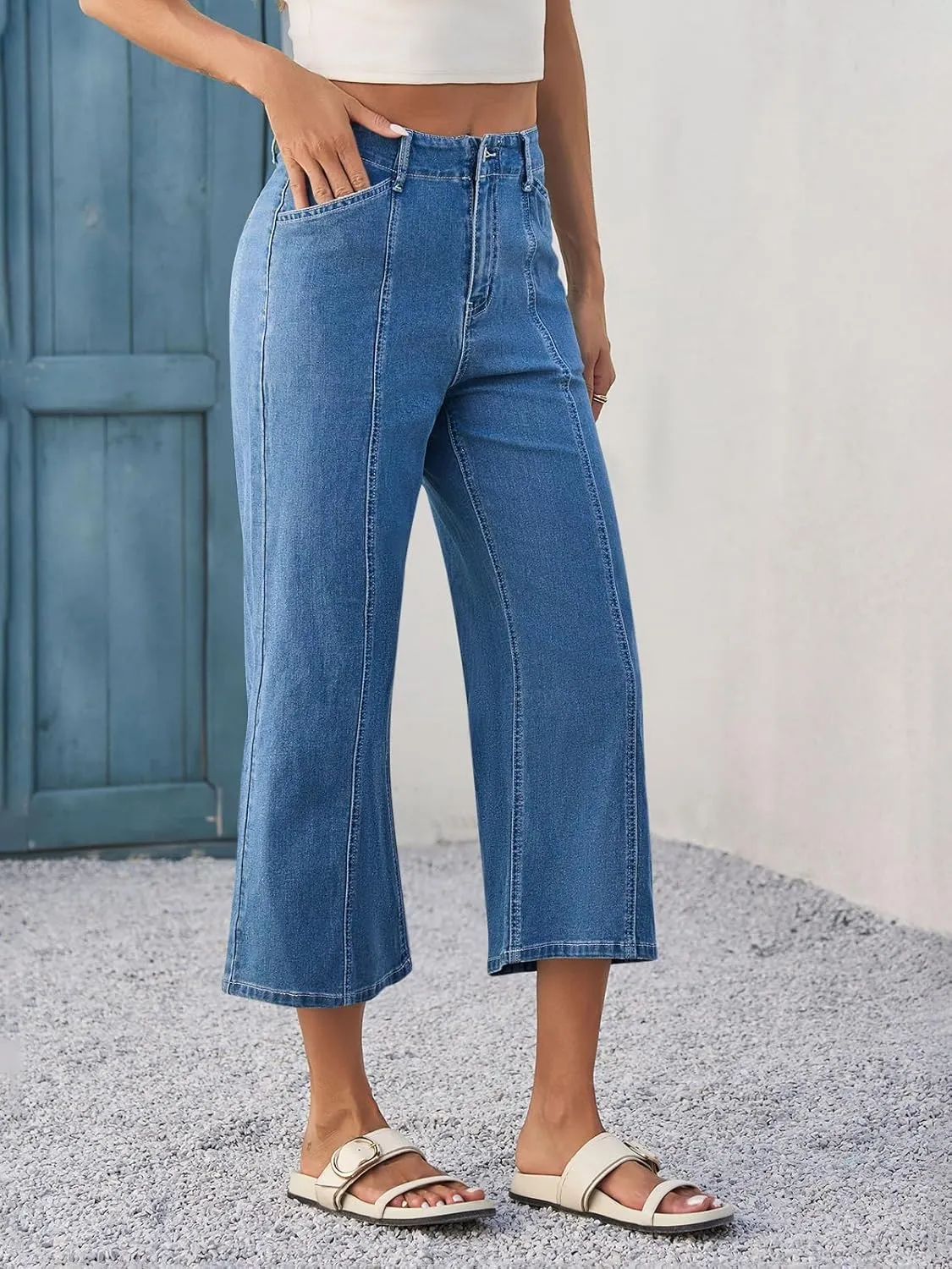 Tankaneo Womens Cropped Wide Leg Capri Jeans Baggy High Waisted Stretchy Flare Jeans Front Seam Denim Pants with Pockets
