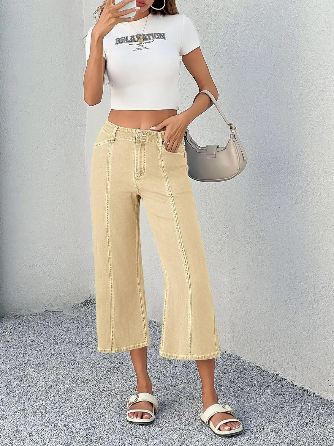 Tankaneo Womens Cropped Wide Leg Capri Jeans Baggy High Waisted Stretchy Flare Jeans Front Seam Denim Pants with Pockets