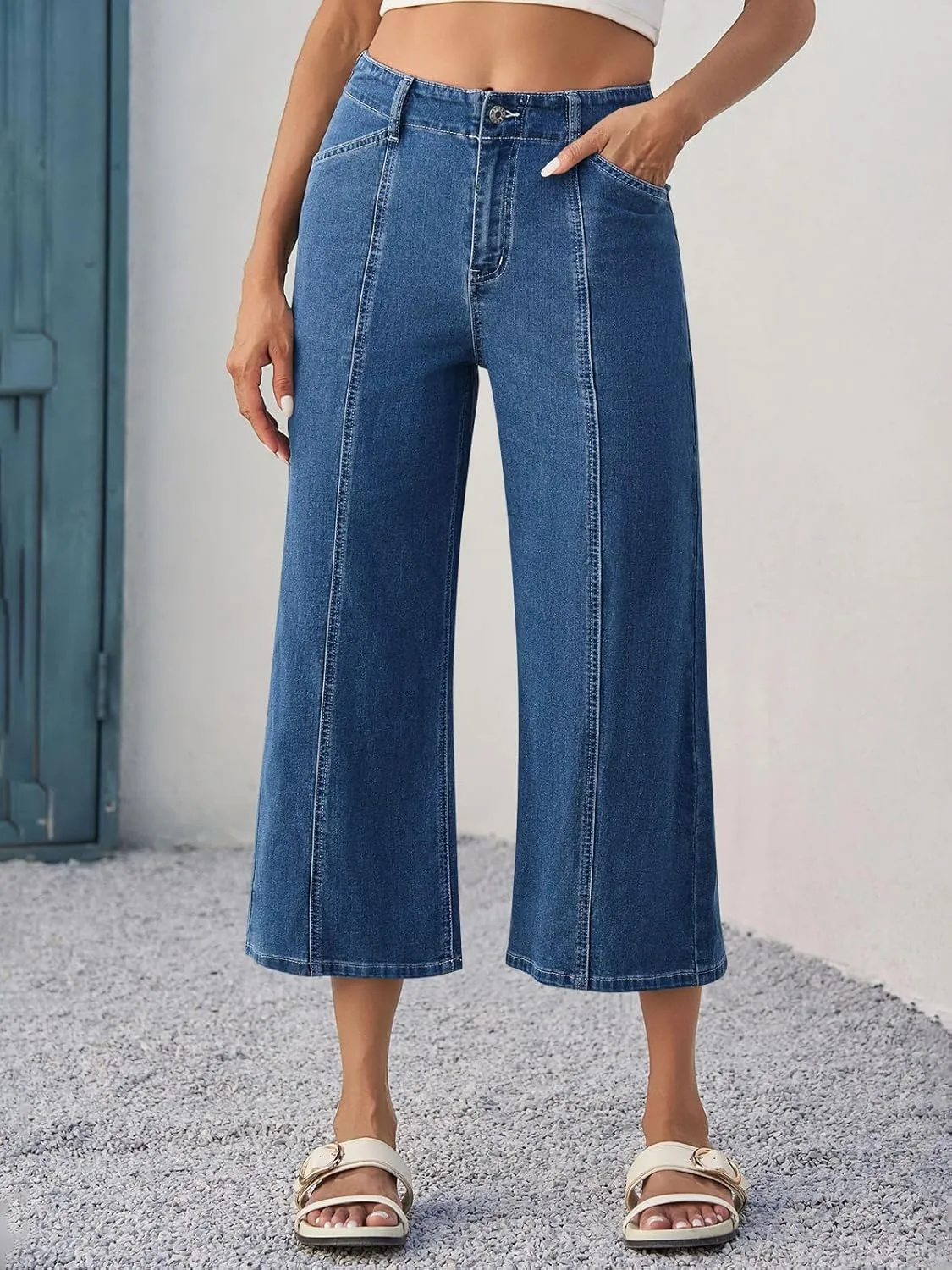 Tankaneo Womens Cropped Wide Leg Capri Jeans Baggy High Waisted Stretchy Flare Jeans Front Seam Denim Pants with Pockets