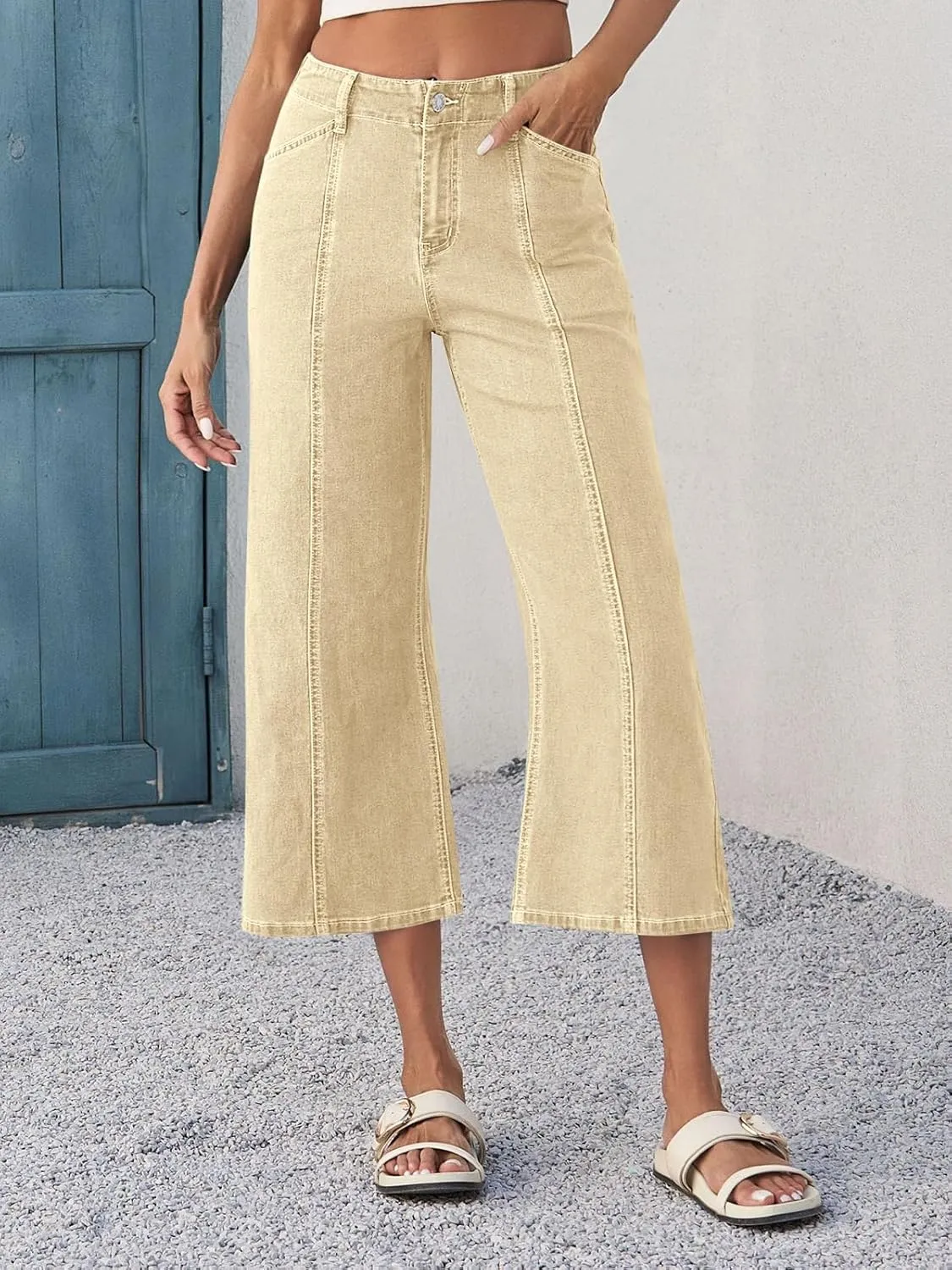 Tankaneo Womens Cropped Wide Leg Capri Jeans Baggy High Waisted Stretchy Flare Jeans Front Seam Denim Pants with Pockets