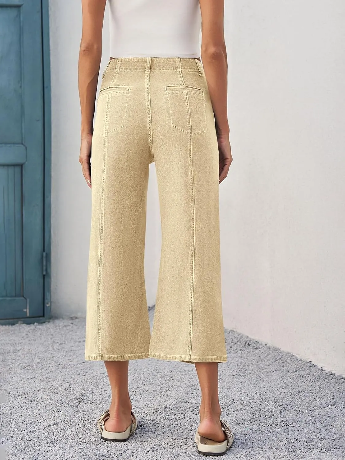 Tankaneo Womens Cropped Wide Leg Capri Jeans Baggy High Waisted Stretchy Flare Jeans Front Seam Denim Pants with Pockets