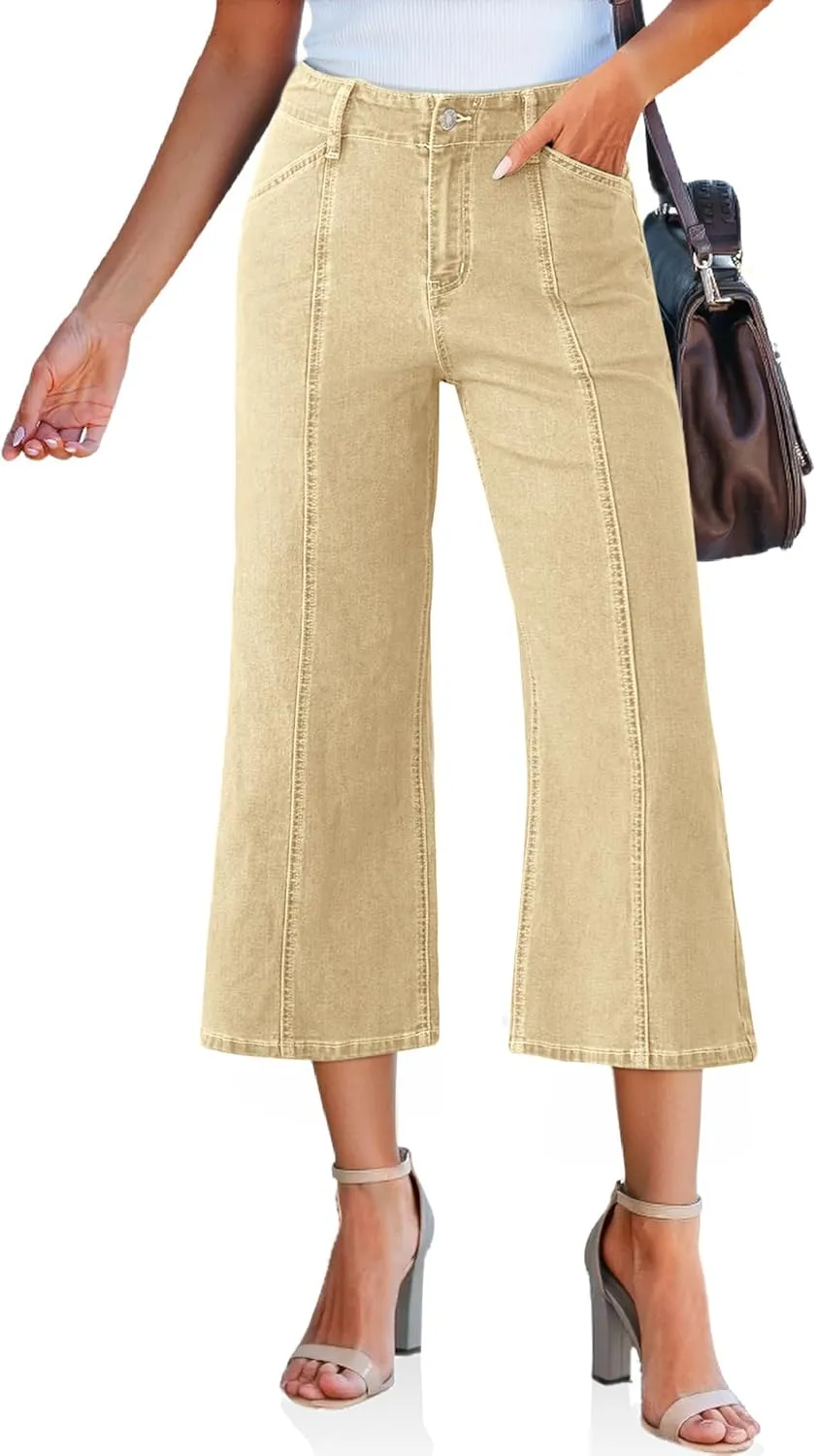 Tankaneo Womens Cropped Wide Leg Capri Jeans Baggy High Waisted Stretchy Flare Jeans Front Seam Denim Pants with Pockets